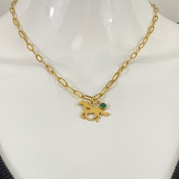Paperclip Necklace with Horse and Birthstone - Picture 1 of 7